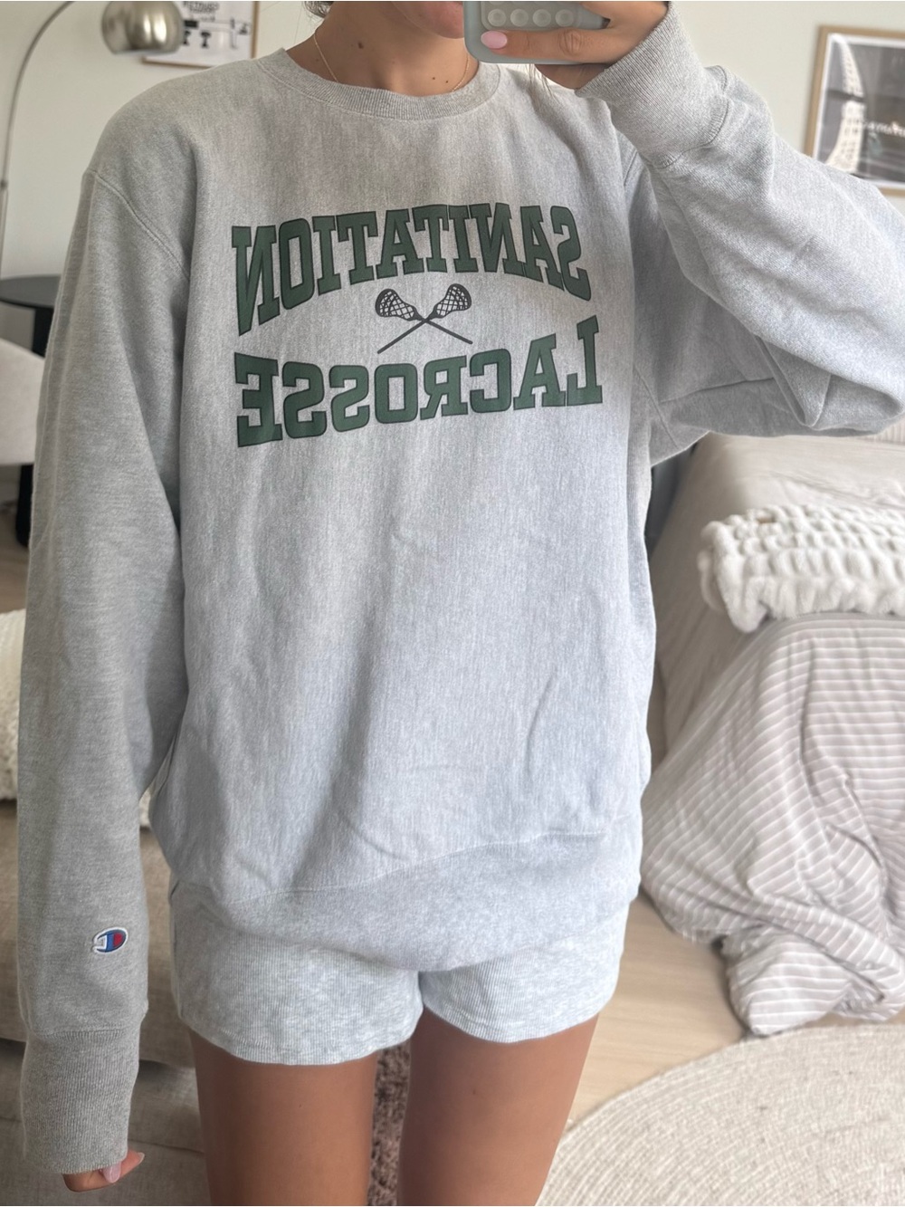 Champion Gray Crewneck with Green 'Sanitation Lacrosse' Graphic